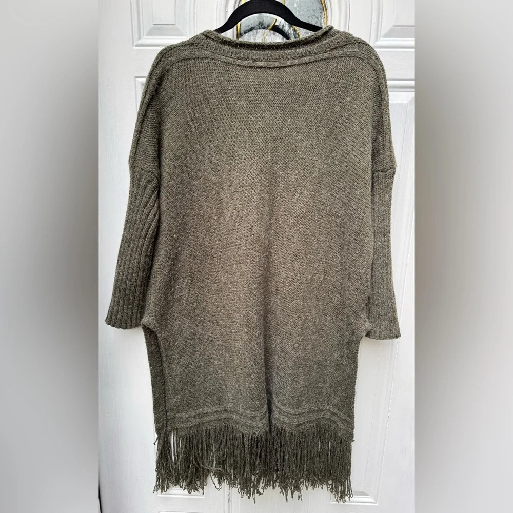 PPLA Haywood Fringe Sweater Tunic Olive Sage Green 3/4 Sleeves womens size M / L